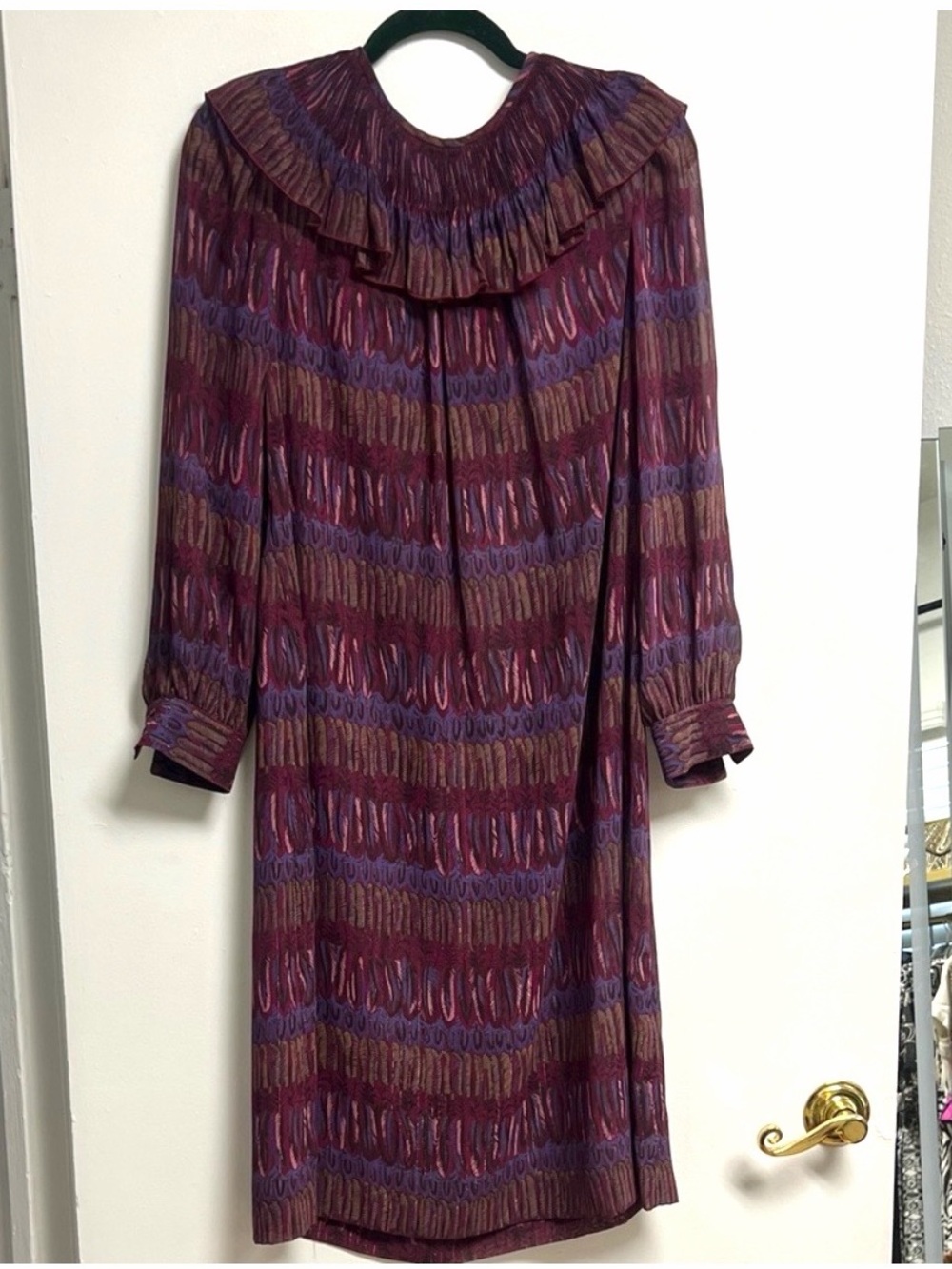 Vintage First Lady Ruffle Collar Purple Feather Print Long Sleeve Sheer Dress 14
